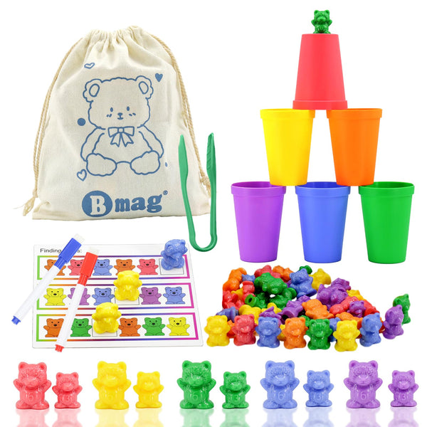 Bmag Counting Bears with Matching Sorting Cups, Color Sorting Math & Counting Toys Math Game for Children