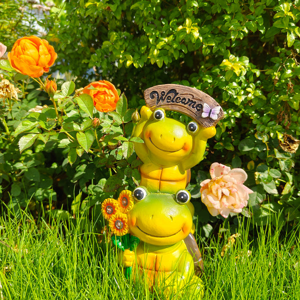 Bmag Garden Turtle Statue Decoration, Solar Garden Decor Two Frog Face Cute Turtle for Patio Yard