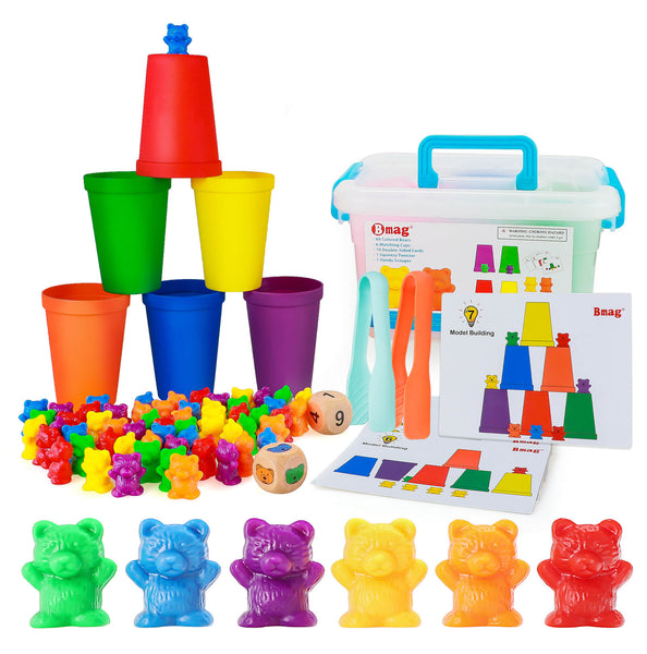 BMAG Counting Bears with Matching Sorting Cups,Pre-School Math Learning Games with 2 Dices,Color Recognition STEM Educational Toy