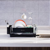 POZIEA Dish Drying Rack, Compact Dish Rack with Drainboard for Kitchen Counter, Durable 304 Stainless Steel Dish Drainer with Adjustable Drainage and Wine Glass Rack