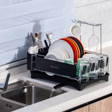 POZIEA Dish Drying Rack, Compact Dish Rack with Drainboard for Kitchen Counter, Durable 304 Stainless Steel Dish Drainer with Adjustable Drainage and Wine Glass Rack