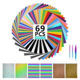 Lvoess HTV Heat Transfer Vinyl Bundle, 69 Pack 12" x 10" Iron on Vinyl Sheets with 3 Pcs Weeding Tools Set, Easy Cut & Weed, for Heat Press Design T-Shirts, Silhouette Cameo or Heat Press Machine