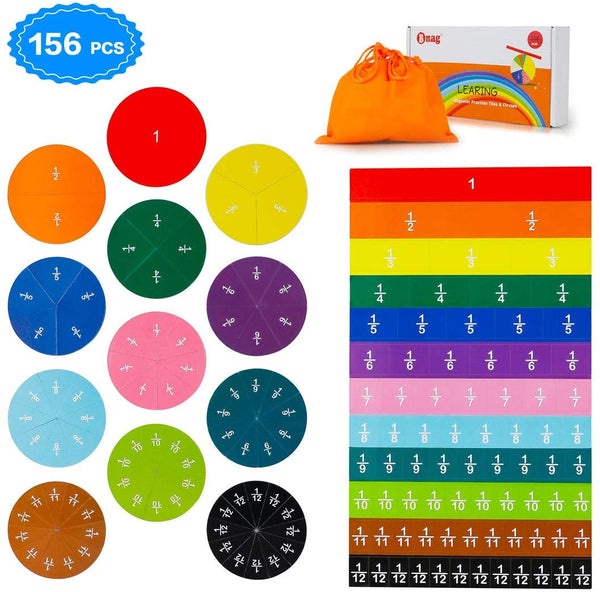 Bmag 156 Pcs Magnetic Fraction Tiles and Circles, Educational Math Manipulatives Learning Games for Elementary School, Fraction Strips & Bars Toys with Bonus Storage Bag