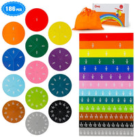 Bmag 186 Pcs Magnetic Fraction Tiles and Circles, Educational Math Manipulatives Learning Games for Elementary School, Fraction Strips & Bars Toys with Bonus Storage Bag