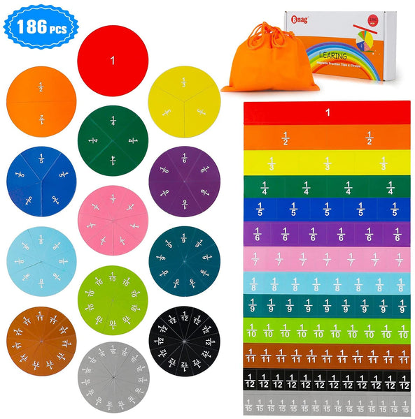 Bmag 186 Pcs Magnetic Fraction Tiles and Circles, Educational Math Manipulatives Learning Games for Elementary School, Fraction Strips & Bars Toys with Bonus Storage Bag