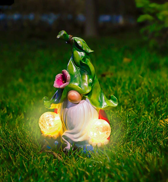 WOGOON Gnomes Garden Art Outdoor Decorations, Large Meditating Gnome Statue with Double Solar Power Light Orbs Design, Outside Decor Figurines Funny Lawn Sculpture for Patio Yard Porch,Ornament Gift