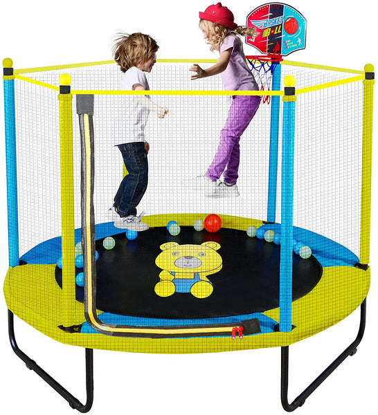 60" Trampoline for Kids, 5FT Indoor Outdoor Trampoline with Enclosure Net, Mini Baby Toddler Trampoline with Basketball Hoop, Recreational Trampolines Birthday Gifts for Children.