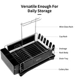 POZIEA Dish Drying Rack, Compact Dish Rack with Drainboard for Kitchen Counter, Durable 304 Stainless Steel Dish Drainer with Adjustable Drainage and Wine Glass Rack