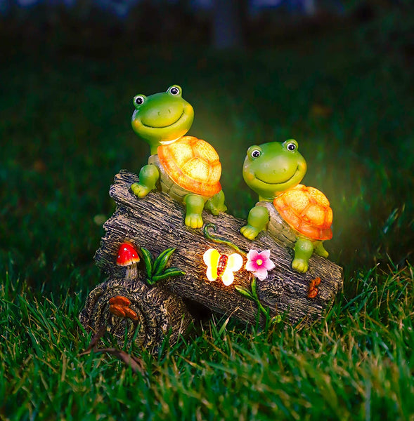 Garden Turtle Figurines Outdoor Decorations, Solar Powered Sweet Frog Face Turtles Resin Statue with 4 LED Lights, Garden Art Spring Fall Winter Christmas Decor for Patio Lawn Yard