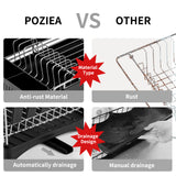 POZIEA Dish Drying Rack, Compact Dish Rack with Drainboard for Kitchen Counter, Durable 304 Stainless Steel Dish Drainer with Adjustable Drainage and Wine Glass Rack